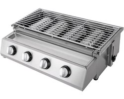 Gasbarbecue - Rookloze BBQ Grill - 4 Branders - Roestvrij Staal - Draagbare LPG Buitenkeuken - In Hoogte Verstelbare Gasgrill - Met Olieopvangbak - Tafelmodel BBQ - 58x40x20 cm - Tuin Terras Balkon Camping
