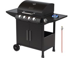 KitchenBrothers Gas BBQ - Gasbarbecue met zijbrander - 5 Branders - Met Gasaansluiting - 42x57cm Grilloppervlak - Extra Opbergruimte - Zwart
