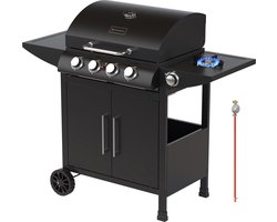 KitchenBrothers Gas BBQ - Gasbarbecue met zijbrander - 5 Branders - PFAS Vrij - Met Gasaansluiting - 42x57cm Grilloppervlak - Extra Opbergruimte - Zwart