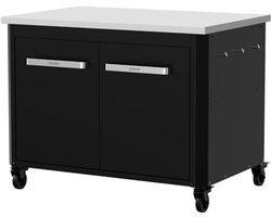 Lage buitenkeuken met RVS werkblad en wielen | Ideale plancha hoogte | Praktische haken en opbergruimte