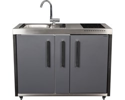 Minikeuken BeNeLux Stengel MO120 A voor gemonteerde metalen outdoor keuken met koelkast - inductie kookplaat - water en electriciteits aansluiting inclusief alle toebehoren Lei Grijs