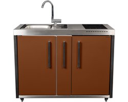 Minikeuken BeNeLux Stengel MO120 A voorgemonteerde metalen outdoor keuken met koelkast - inductie kookplaat - water en electriciteits aansluiting inclusief alle toebehoren Lava Bruin