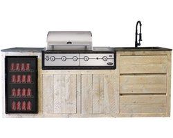 Outside Meubelen | Buitenkeuken - Palu | Boretti Ligorio Top BBQ | Koelkast 80L | Zwarte keukenkraan & spoelbak | Natuursteen blad | Steigerhout | Tuinmeubelen