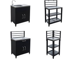 sweeek - Buitenkeuken met 4 stalen modules, unit met spoelbak, planken, lades en opbergruimte