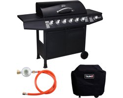 TAINO- Gasbarbecue- branders- zwart- Met wielen- Gasgrill-Met zijtafels-Met ingebouwde thermometer-Inclusief schap voor het opbergen van accessoires-6 branders-Snelle ontsteking-Gasbarbecues-Gasbarbecue met zijbrander-Gasbarbeque- Incl. Hoes gasslang