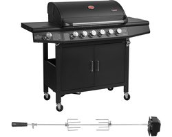 TAINO RED 6+1 gasgrill met draaispit - BBQ-grillwagen, roestvrijstalen brander + zwarte zijbrander