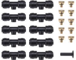 21 Pcs Water Misting Nozzles Sprinkler Set 10x Slip-Lock Mister Nozzle 10x Draad 10/24 UNC Tees & 1x Plug Koelsysteem Voor Kassen Tuin