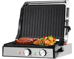 Aigostar Contactgrill - Tosti Apparaat Instelbare Temperatuur - Panini Grill - 29*23cm - PFAS-vrije keramische coating - Timer - 2000W - RVS