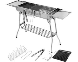 BBQ - BBQ Houtskool - Grill - RVS - Barbecue - met Dubbele Opklapbare Zijkanten, Antiaanbakpan en Verstelbare Ventilatie – Draagbare Camping BBQ - Zilver
