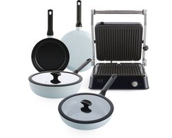 BK Enjoy 4-delige pannenset met contact grill - Kerstgeschenk tip - Lichtblauw - Koekenpan Ø 24/28cm - Wokpan Ø 28cm - Hapjespan met deksel Ø 28cm - PFAS vrij - Koelgrepen - Ovenbestendig tot 160° - Vaderdag cadeaupakket