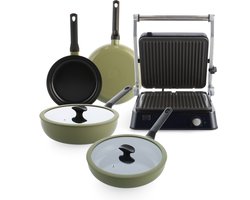 BK Enjoy 4-delige pannenset met contact grill - Olijfgroen - Koekenpan Ø 24/28cm - Wokpan Ø 28cm - Hapjespan met deksel Ø 28cm - PFAS vrij - Koelgrepen - Ovenbestendig tot 160° - Kerstcadeau