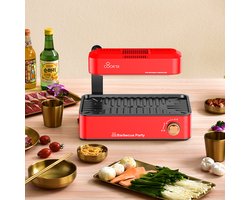 Elektrische Rookloze BBQ - Instelbare Temperatuur - Antiaanbaklaag - Geschikt voor 2-4 Personen (Rood)