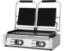 HCB® - Professionele Horeca Paninigrill - dubbel - geribbeld/glad - 230V - RVS / INOX panini grill - 30.5x56.5x20 cm (DxBxH) - 20 kg - 1701