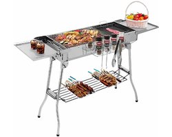 Houtskool - BBQ - Houtskoolbarbecue - Houtskoolgrill van Roestvrij Staal - Draagbare - met Opvouwbare Vleugels, Antiaanbakpan en Verstelbare Ventilatie