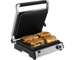 KitchenBrothers Contactgrill Deluxe - PFAS-vrij - Tosti Apparaat - Grill Apparaat - Tosti Ijzer - Grill Apparaat - Uitneembare Grillplaten - Panini Grill - 5 hoogtestanden - Croque Monsieur Toestel - 2000W - RVS