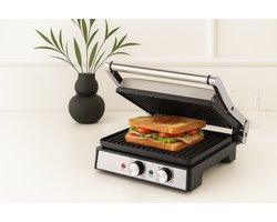 Mevaz Panini Maker 2000W – RVS – 180° Openklapbaar – Voor Panini's, Tosti's en Gegrilde Sandwiches