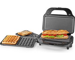 Nedis Multi grill - Grill / Sandwich / Waffle - 900 W - 28 x 15 cm - Automatische temperatuurregeling - Kunststof / Roestvrij Staal