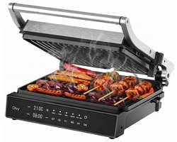 Olvy Contactgrill XL - Uitneembare PFAS-vrije platen - 180º Uitklapbaar - Vaatwasserbestendig - Met Temperatuurregeling - Panini - Croque Monsieur Toestel - Grill Apparaat - Tosti Ijzer - Apparaten