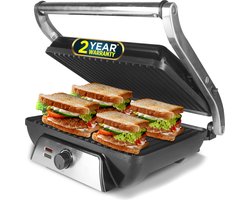 Royalty Line® SL107A Contactgrill - Panini Grill - Zwevende Bovenplaat - 30 x 24cm - Grill Apparaat Met Antiaanbaklaag - 2000W - Instelbare Temperatuur - Zwart/RVS