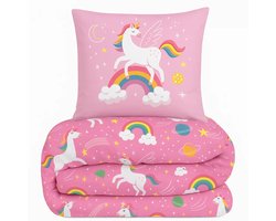 All-in One Lazy Kinderdekbed Unicorn Roze - Dekbed voor het hele jaar 140 x 200 cm + 1 kussensloop
