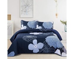 Gewatteerde Sprei 220x240 cm Marineblauw Bloemmotief Zomerdeken incl. 2 Kussenslopen