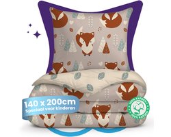 Slaapspeciaal eazydekbed® Kiddo – Foxy – 140x200 cm – Kinderdekbed met Print + Kussensloop – All Year Dekbed – 100% Katoen – Dekbed Zonder Overtrek – Hoesloos Dekbed – Hypoallergeen – Anti-allergeen – Wasbaar & Drogergeschikt – Warmteklasse 2