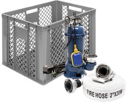 Professionele vuilwater dompelpomp 22.800 l/u met vlotter + 20 m brandslang + krat