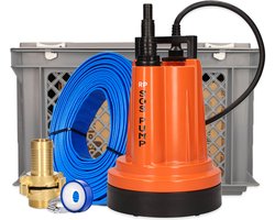 SOS PUMP Dompelpomp Plug & Play Set - Vlakzuigende Dompelpomp Set - 12.5 Meter Slang - Connector IN/OUT - Meertraps Slangtule, Terugslagklep & Draadnippel - Slangklem - Teflon Tape en Opbergbox - 290W - 5000 L/H - 2MM
