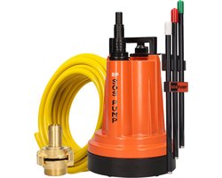 SOS PUMP ® SET Dompelpomp met Schakelaar – Vlakzuigend tot 2 mm – Inclusief 25 m Tuinslang 3/4” (19 mm), Snelkoppelingen & Terugslagklep – Dweilpomp – Vlakzuiger – Kelder – Wateroverlast