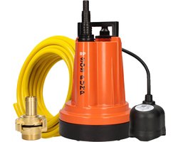 SOS PUMP ® SET Dompelpomp met Vlotter – Vlakzuigend tot 2 mm – Inclusief 25 m Tuinslang 3/4” (19 mm), Snelkoppelingen & Terugslagklep – Dweilpomp – Vlakzuiger – Kelder – Wateroverlast