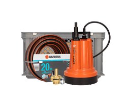 SOS PUMP ® SET Plug & Play Dompelpomp – Vlakzuigend tot 2 mm (5000 L/u) – Inclusief 20 m Gardena Tuinslang 1/2” (13 mm), Koppelstukken & Opbergbox – Dweilpomp – Vlakzuiger – Kelder – Wateroverlast