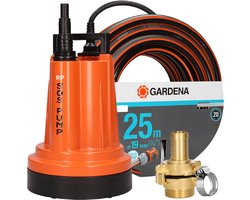 SOS PUMP ® – Vlakzuigende Dompelpomp 290 W (5000 l/u) + Gardena Tuinslang 25 m 19 mm Comfort-Flex Tuinslang met Messing Koppelingen – Complete Set voor Zwembad, Kelder & Plat Dak