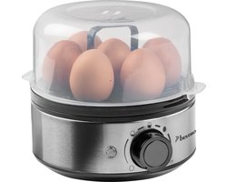 Bestron Eierkoker voor 7 eieren, met akoestisch signaal & droogloopbeveiliging, traploos regelbaar hardheidsinstelling voor drie niveaus, incl. maatbeker & eierprikker, Kleur: zilver