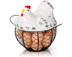 Decoratieve Eierverzamelmand met Keramische Kip Deksel Zwart Metaal