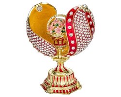 Faberge-stijl gedraaid ei juwelendoos met bloemenmandje - 12 cm in rood