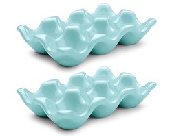Keramische Eierhouder voor 6 Eieren - Blauwe Decoratieve Serveerschaal en Opbergorganizer - 2 Stuks