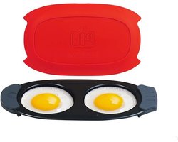 Magnetron Eierkoker en Grillcombinatie - Ontbijtset - Voor Grillen Bakken en Knapperig Maken van Vlees Spek Pannenkoeken en Groenten - Vaatwasserbestendig met Anti-aanbaklaag - Voor Keuken Camper Studentenkamer en Kantoor - Rood