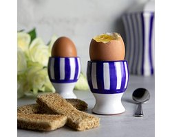 Set van 2 Eierschalen met Navy Blauwe Strepen | Handgemaakt en Handgeverfd | Ceramiek voor Hard en Zacht Gekookte Eieren