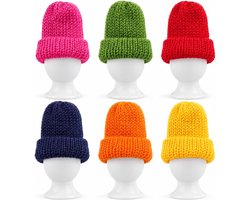 Set van 6 porseleinen eierdopjes met 6 kleurrijke eierwarmermutsen - vaatwasmachinebestendig, voor ontbijt en brunch (wit, eenkleurig)