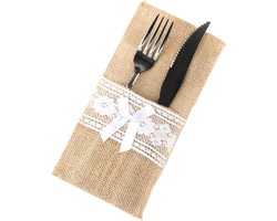 12 stuks jute bestekzakjes, vintage kant, bestekzakjes, bestekhouders, tafeldecoratie, bruiloft, Kerstmis, doop, rustiek feest, restaurant, stijl D