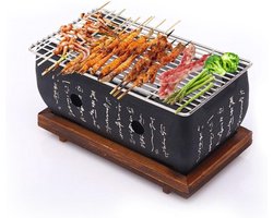 Allecto Plus - Japanse BBQ Grill 24x12x11 cm - Mini Houtskool-tafelgrill - Rooster en Houten Basis - Draagbare Houtskooloven - Campingkooktoestel - Yakiniku, Takoyaki, Aal - Rechthoekig