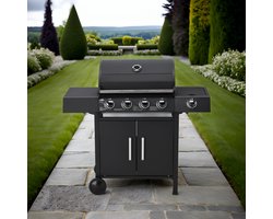 BBQ barbecue GASGRILL 4+1 BRANDERS met Zijbrander | 13 kW | Inclusief Drukregelaar & Gasslang | 120×48×110 cm | Gietijzeren Roosters | 2 Wielen | Industrialhome