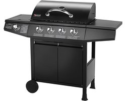 Gasbarbecue – Gasgrill – Buitenkeuken – Grillwagen – BBQ Trolley – 4 Roestvrijstalen Branders – Zijbrander – Groot Grilloppervlak 61x32 cm – Temperatuurmeter in Deksel