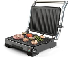 Grill- en Grillplaat 2200 W met Kanteldeksel en 6 Posities - PFOA-vrij en Roestvrij Staal - 29 x 23 cm
