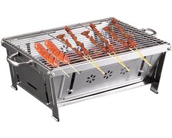 Houtskoolgrill voor camping en tuinfeesten, opvouwbare BBQ grill in roestvrij staal.