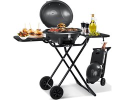 Kesser Tafelbarbecue, elektrisch, 2-in-1, met deksel en voet, max. 2400 watt, inklapbaar, thermometer, antiaanbaklaag, grillplaat en tafelblad, 2 wielen, zwart