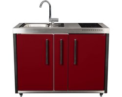 Minikeuken BeNeLux Stengel MO120 A voorgemonteerde metalen outdoor keuken met koelkast - inductie kookplaat - water en electriciteits aansluiting inclusief alle toebehoren Rood Bordeaux