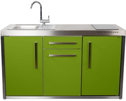 Minikeuken BeNeLux Stengel MO150 S voorgemonteerde metalen outdoor keuken met koelkast - inductie kookplaat - water en electriciteits aansluiting inclusief alle toebehoren Appel Groen