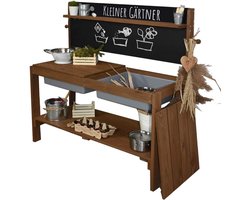 Modderkeuken voor kleine tuinders - Houten buitenkeuken met krijtbord en uitneembare speelbakken