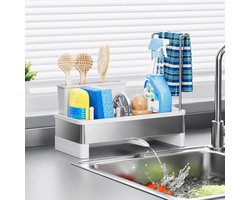 RVS Spoelbak Organizer met Afvoerbakje, Zelfdrainende Sink Caddy | Roestbestendig frame, compact afdruiprek voor spons, afwasborstel, vaatdoek en afwasmiddel, voor een net keukenblad (Wit)